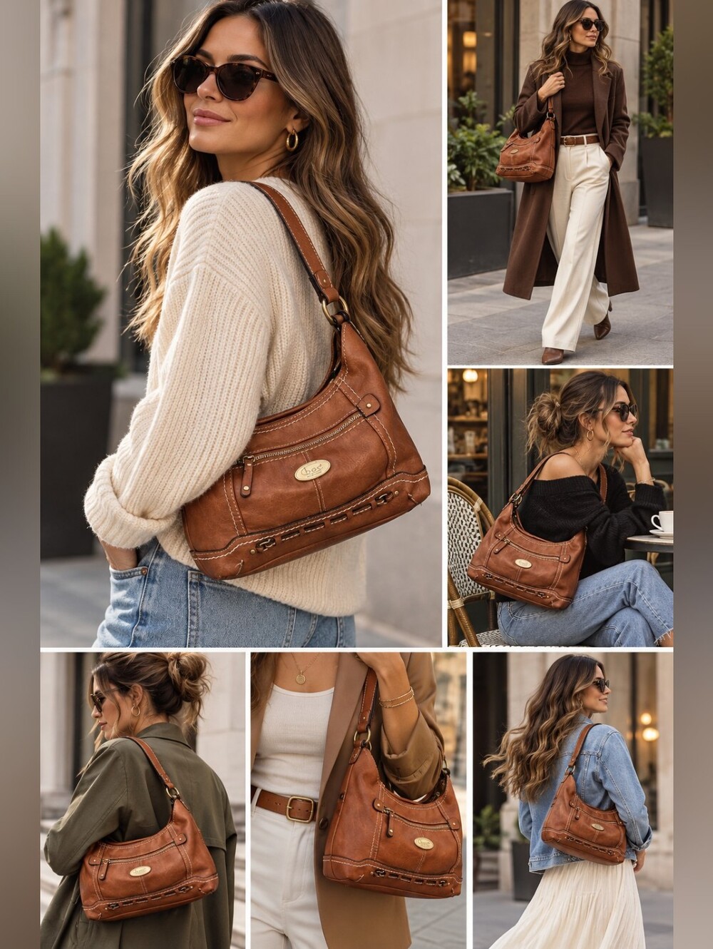 boc Born Concept Brown Leather Shoulder Bag with Gold Hardware